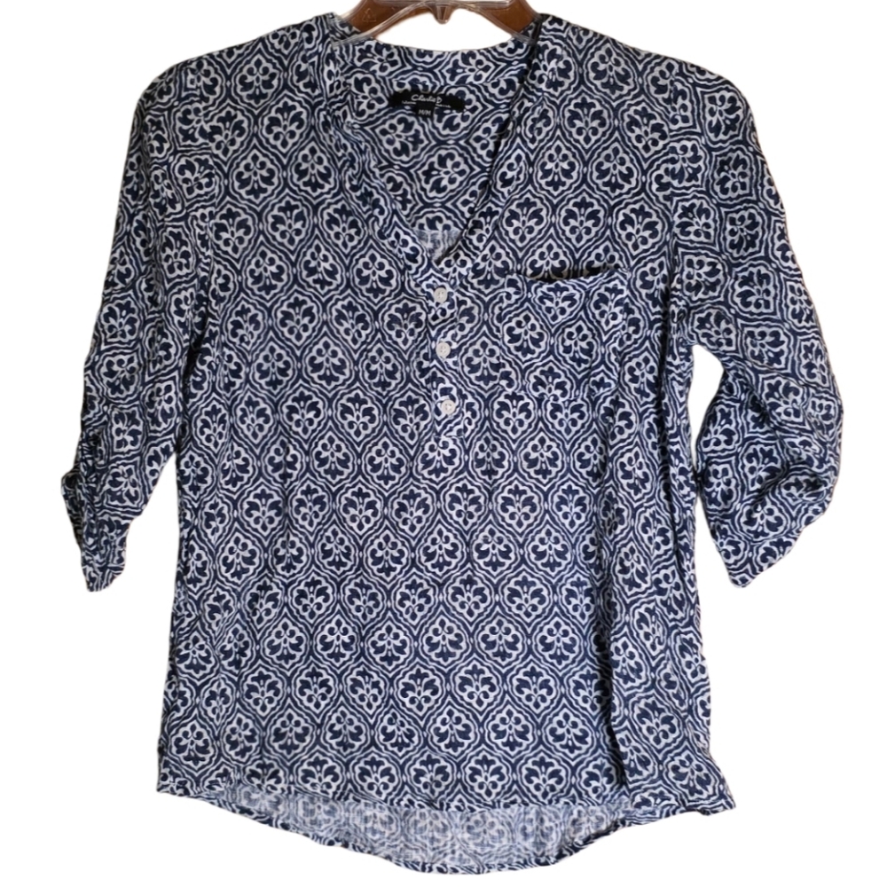 Charlie B Blue & White Print Button Front Blouse Size M